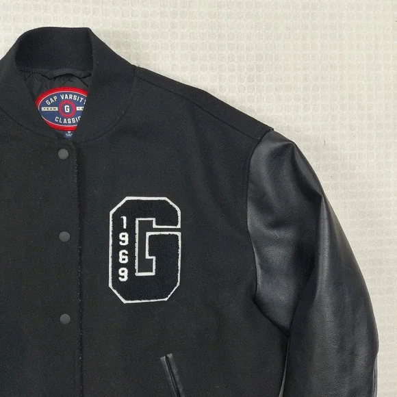 GAP Varsity Classic G 1969 Black Wool Leather Sleeve Letterman Jacket Mens M - Picture 3 of 15